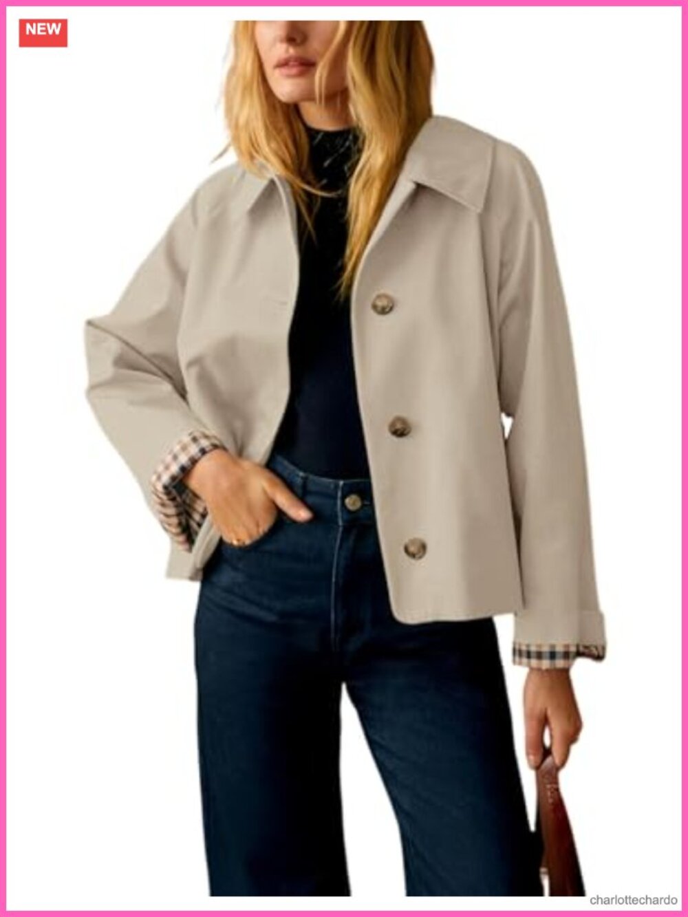 Women Oversize Trench Coat Plaid Lining Lapel Button Cropped Jacket